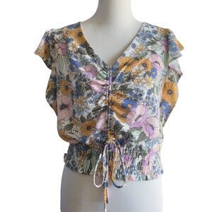 Monteau Floral Cropped Ruffle Sleeve Top Blouse Boho Flattering Size XL